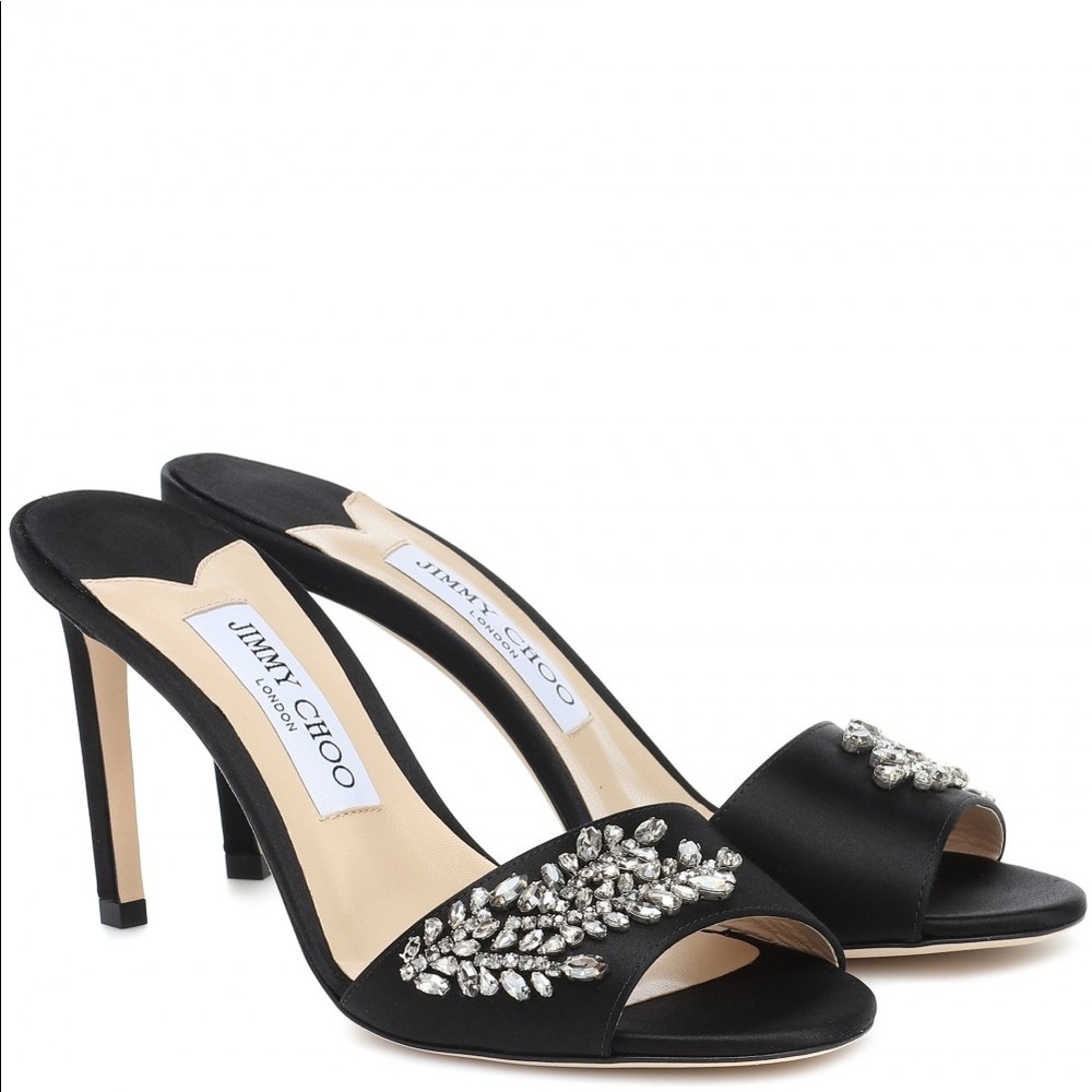 Jimmy Choo Stacey 85 Satin Mules With Crystal Embellishment In Black